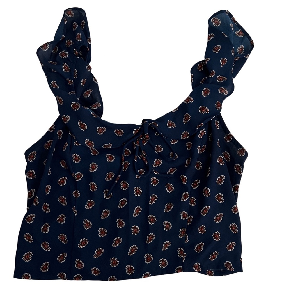 Blue Navy Paisley Ruffle Strap. Large Top
